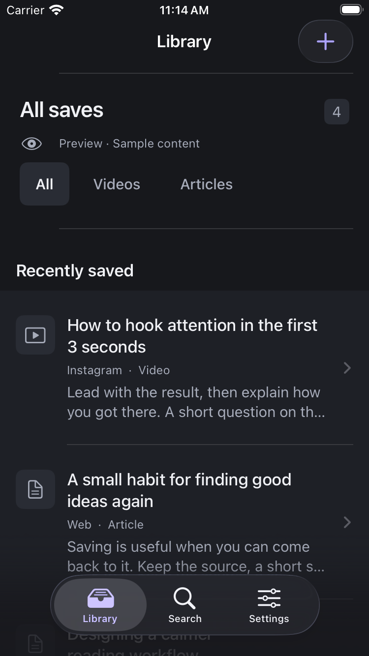 Moa's native iPhone library showing clearly labeled sample videos and articles