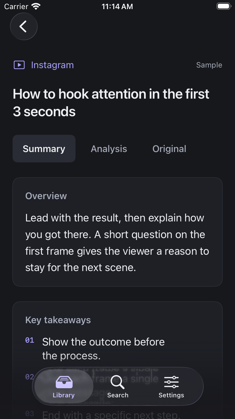 Moa summary screen with overview and key takeaways from sample content